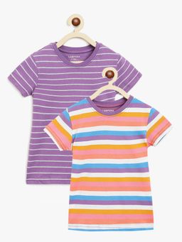 Campana - Girls Alexis Striped Round Neck T-Shirt Purple & Multicoloured (Pack of 2)