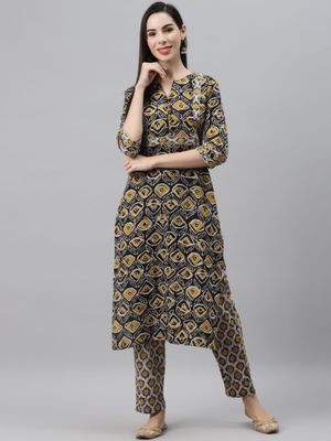 Indibelle Cotton Lurex Ikat Print Kurta (White)