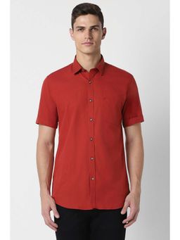 Peter England - Men Red Slim Fit Solid Half Sleeves Casual Shirt