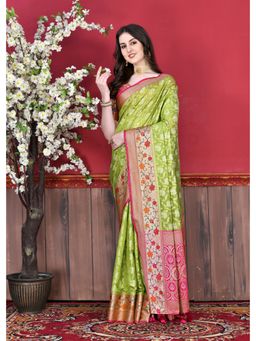 Yavira Silk - Green Soft Cotton Silk Woven Zari Saree with Unstitched Blouse