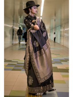 SGF11 - Black Kanjivaram Floral Woven Soft Silk Saree with Unstitched Blouse