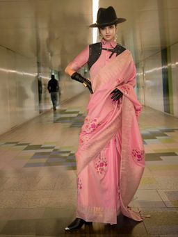 SGF11 - Pink Kanjivaram Floral Woven Soft Silk Saree with Unstitched Blouse