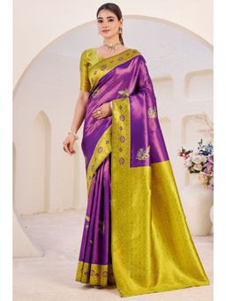 SGF11 - Purple Floral Woven Kanjivaram Soft Silk Saree with Unstitched Blouse