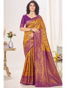 SGF11 - Mustard Floral Woven Kanjivaram Soft Silk Saree with Unstitched Blouse