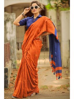 SGF11 - Orange Pure Cotton Solid Soft Silk Saree with Unstitched Blouse