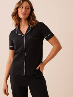 La Vie En Rose - Black Cotton Short Sleeve Button-Down Shirt