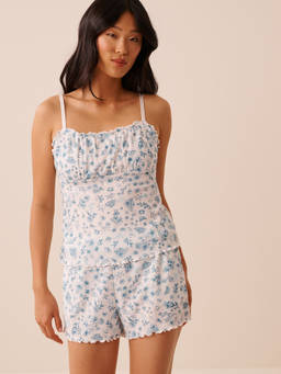 La Vie En Rose - Pink Floral Print Ruffle Hem Pointelle Top