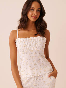 La Vie En Rose - Pink Floral Print Ruffle Hem Pointelle Top
