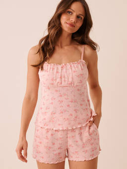 La Vie En Rose - Pink Floral Print Ruffle Hem Pointelle Top