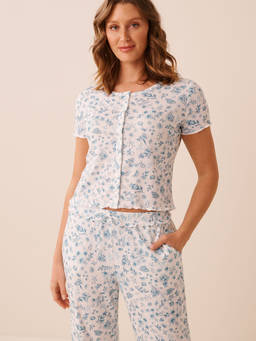 La Vie En Rose - White Floral Print Ruffle Hem Pointelle Top