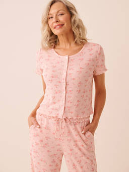 La Vie En Rose - Pink Floral Print Ruffle Hem Pointelle Top