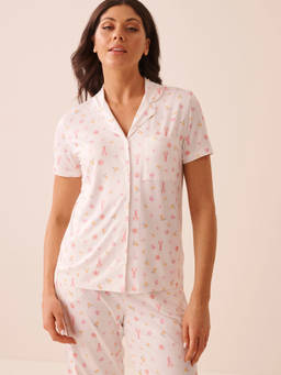 La Vie En Rose - White Lobster Floral Print Super Soft Button-Down Shirt