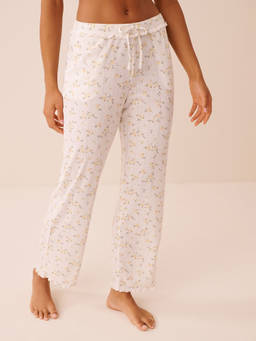 La Vie En Rose - White Floral Print Ruffle Hem Pointelle Pajama