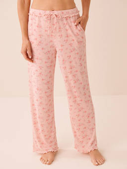 La Vie En Rose - Pink Floral Print Ruffle Hem Pointelle Pajama