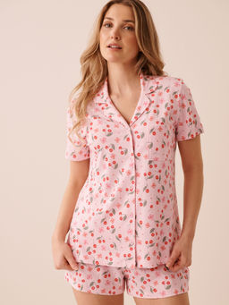 La Vie En Rose - Pink Floral Cherry Print Shirt with Shorts