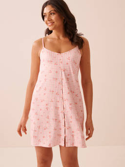 La Vie En Rose - Pink Floral Gingham Print Super Soft Night Dress with Shelf Bra