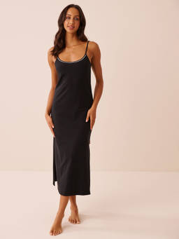 La Vie En Rose - Black Cotton Long Nightie with Shelf Bra