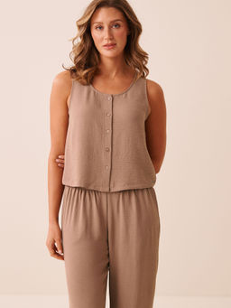 La Vie En Rose - Brown Button-Down Crinkle Top