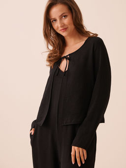 La Vie En Rose - Black Tie-Front Crinkle Long Sleeve Top