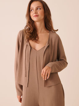 La Vie En Rose - Brown Tie-Front Crinkle Long Sleeve Top
