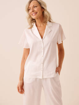 La Vie En Rose - White Beaded Satin and Chiffon Button-Down Shirt