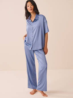 La Vie En Rose - Blue Short Sleeve Satin Shirt with Pajama