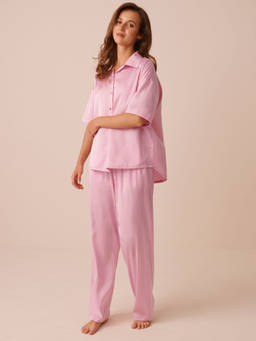 La Vie En Rose - Pink Short Sleeve Satin Shirt with Pajama