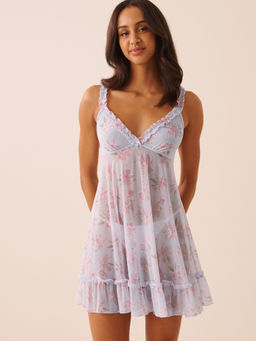La Vie En Rose - Blue Rose Print Frill Mesh Night Dress