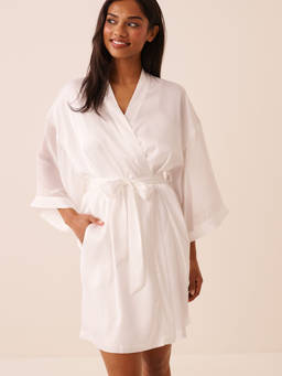 La Vie En Rose - White Satin and Chiffon Robe with Belt