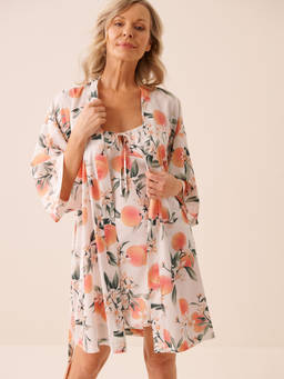 La Vie En Rose - White Print Satin Robe with Belt