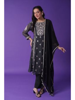 Zari Jaipur - Georgette Kurta with Pant & Dupatta- Black (Set of 3)