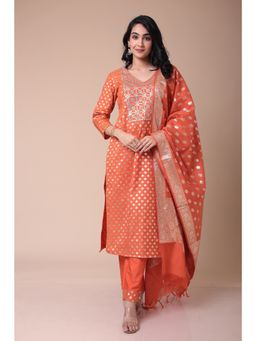 Zari Jaipur - Silk Blend Kurta with Pant & Dupatta- Orange (Set of 3)