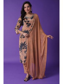 Zari Jaipur - Silk Blend Kurta with Pant & Dupatta- Brown (Set of 3)