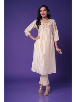 Zari Jaipur - Cotton Silk Kurta with Pant- Cream (Set of 2)