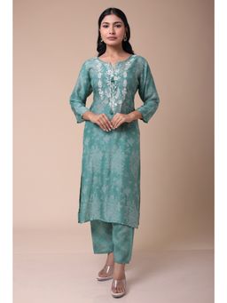 Zari Jaipur - Viscose Woven Kurta with Pant- Green (Set of 2)