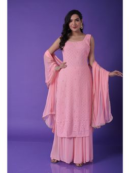 Zari Jaipur - Georgette Kurta with Palazzo & Dupatta- Pink (Set of 3)