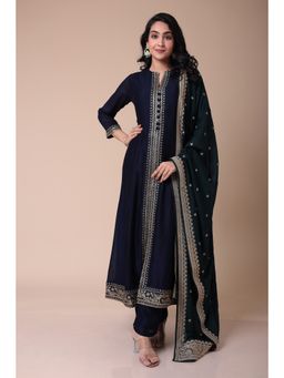 Zari Jaipur - Silk Blend Kurta with Pant & Dupatta- Navy Blue (Set of 3)