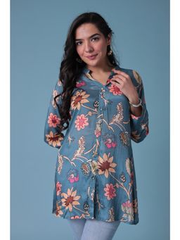 Zari Jaipur - Silk Blend Tunic with Print- Blue
