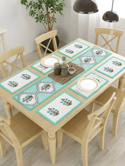 House of Gulab - Turquoise Handblock Printed Cotton Table Runner With Set Of 6 Mats