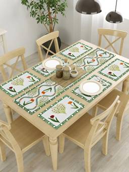 House of Gulab - White Handblock Printed Canvas Cotton Table Runner With Set Of 6 Mats