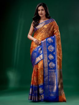 CHARUKRITI - Orange Organza Kanjivaram Handwoven Soft Saree with Zari Border with Unstitched Blouse