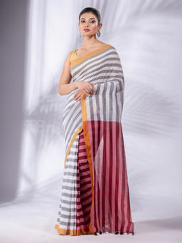 CHARUKRITI - White and Red Stripes Pure Cotton Handwoven Soft Saree with Unstitched Blouse