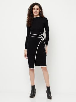 IKI CHIC - Black Highneck Belted Soft Knitted Bodyfit Dress