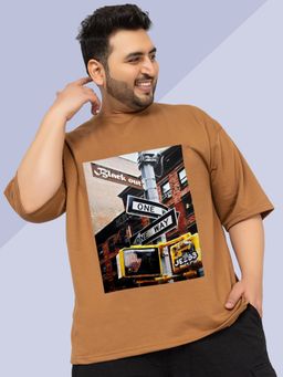 CHKOKKO - Men's Brown Oversized Graphic Print T-Shirt
