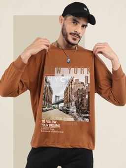CHKOKKO - Brown Oversized Round Neck Drop Shoulder Printed Cotton Full Sleeves T-Shirt