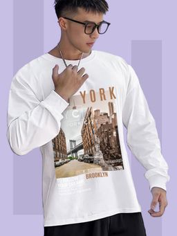 CHKOKKO - White Oversized Round Neck Drop Shoulder Printed Cotton Full Sleeves T-Shirt