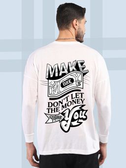 CHKOKKO - White Oversized Round Neck Drop Shoulder Printed Cotton Full Sleeves T-Shirt