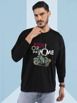 CHKOKKO - Black Oversized Round Neck Drop Shoulder Printed Cotton Full Sleeves T-Shirt