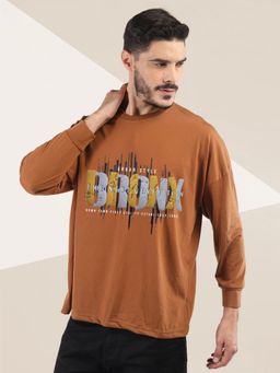 CHKOKKO - Gold Oversized Round Neck Drop Shoulder Printed Cotton Full Sleeves T-Shirt