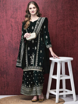 Shree - Women Velvet Green Ornamental Print Kurta with Palazzo & Dupatta (Set of 3)